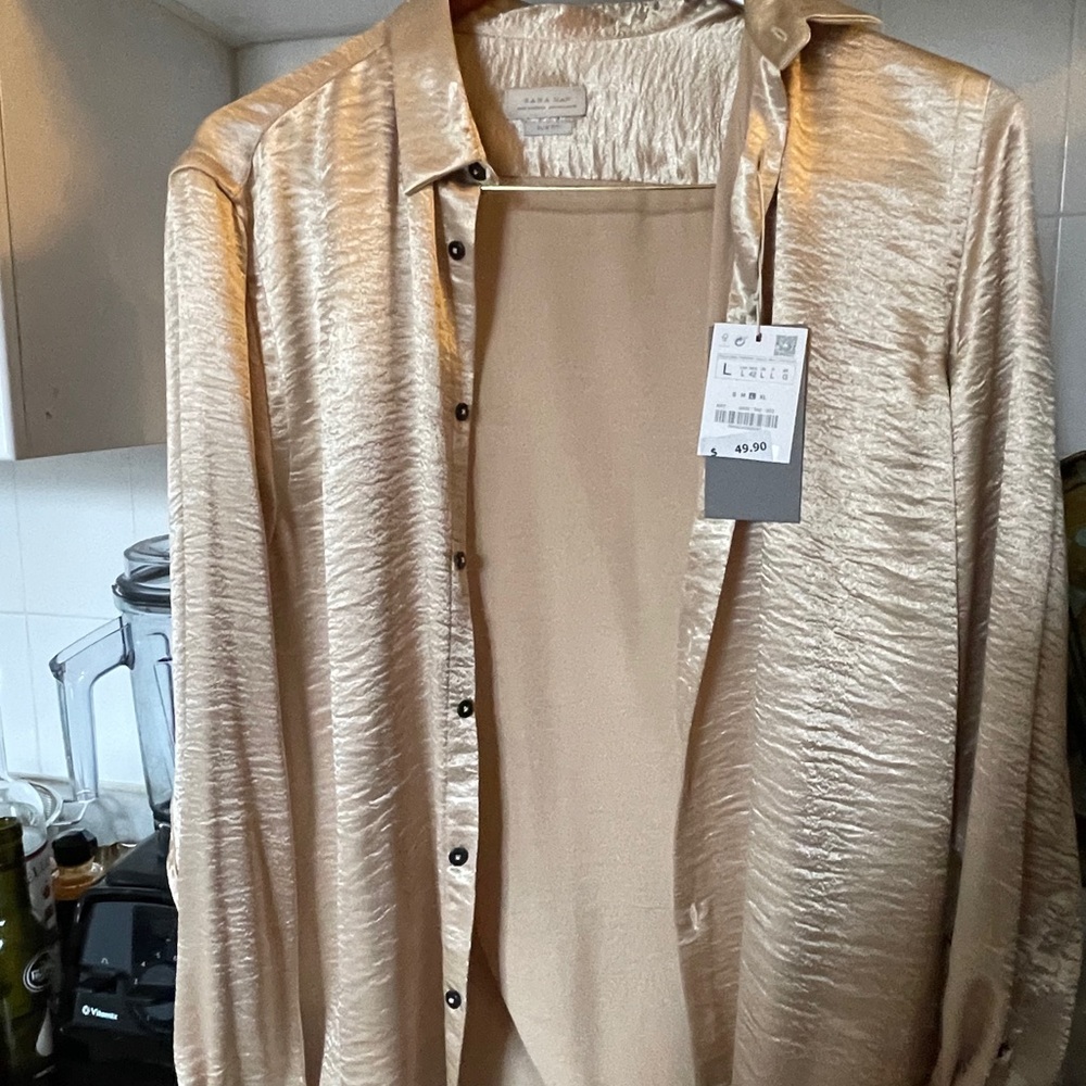 Crinkle silk shirt L slim fit brand new champagne